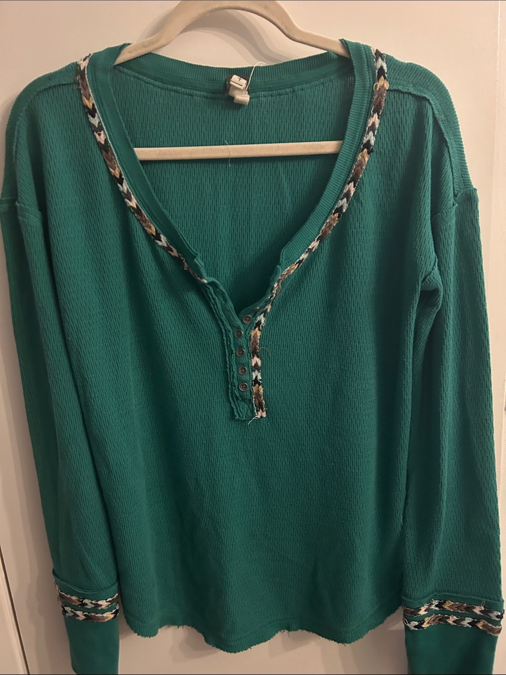 Free People Teal Long-Sleeve Henley with Patterned Trim XL